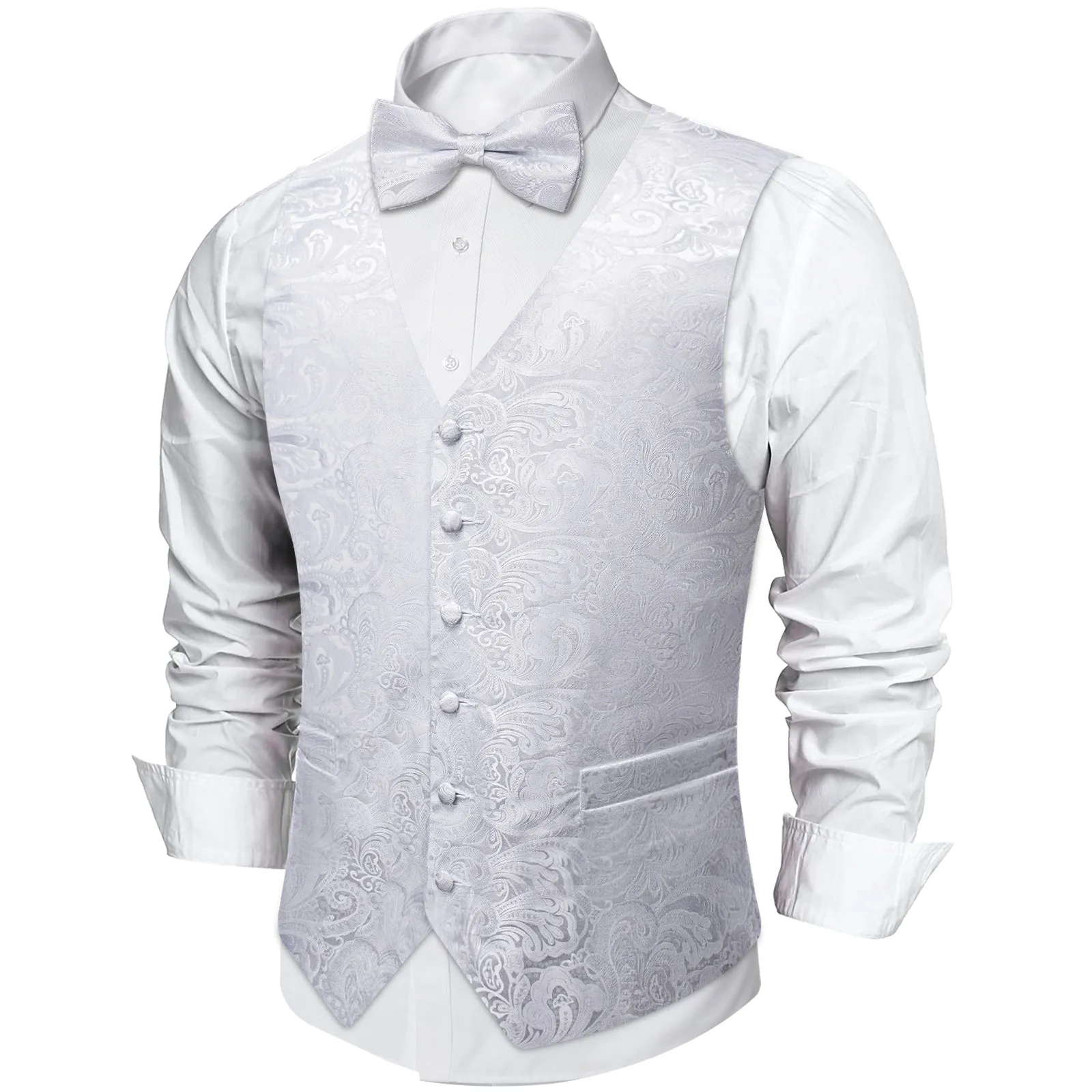 Pure White Paisley Jacquard Silk Men's Vest Bow Tie Handkerchief Cufflinks Set