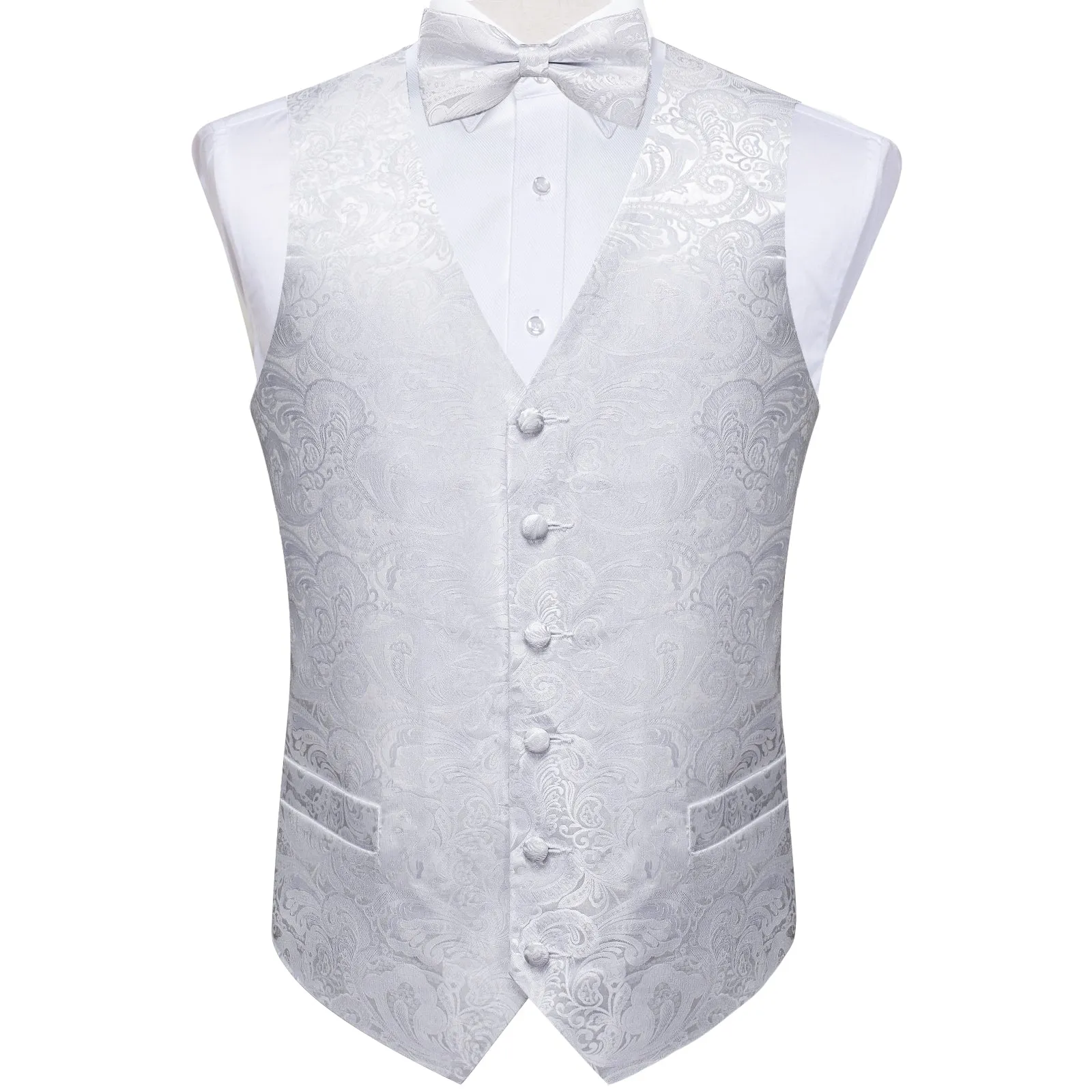 Pure White Paisley Jacquard Silk Men's Vest Bow Tie Handkerchief Cufflinks Set