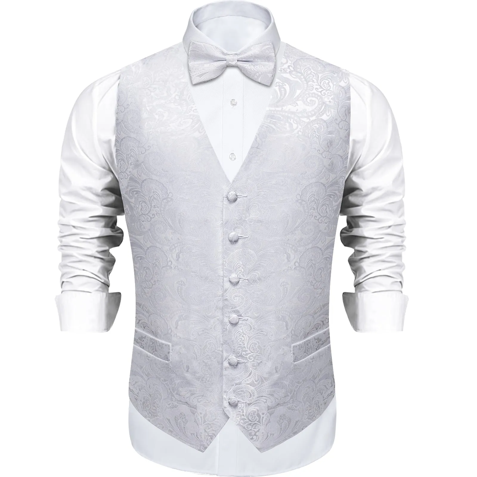 Pure White Paisley Jacquard Silk Men's Vest Bow Tie Handkerchief Cufflinks Set