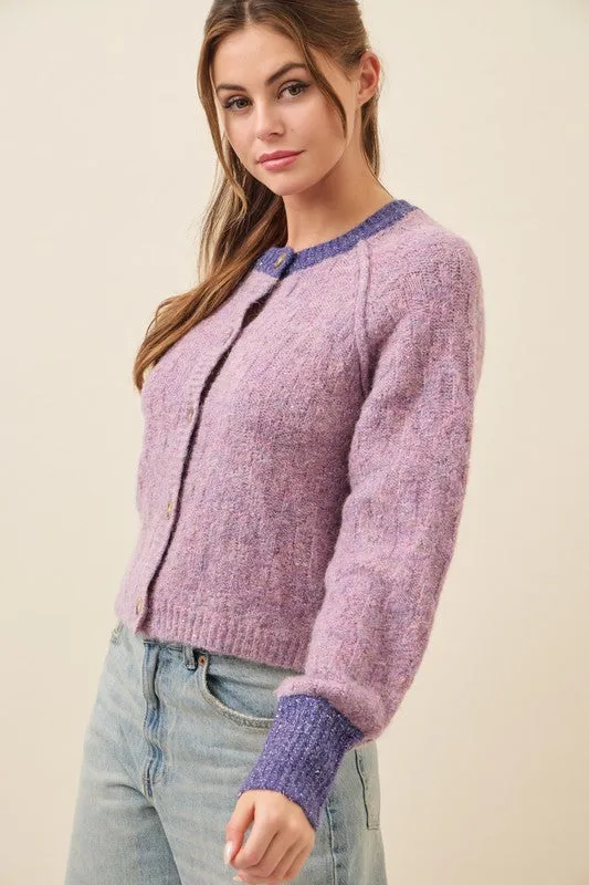 Purple Knit Raglan Sleeve Cardigan With Contrast