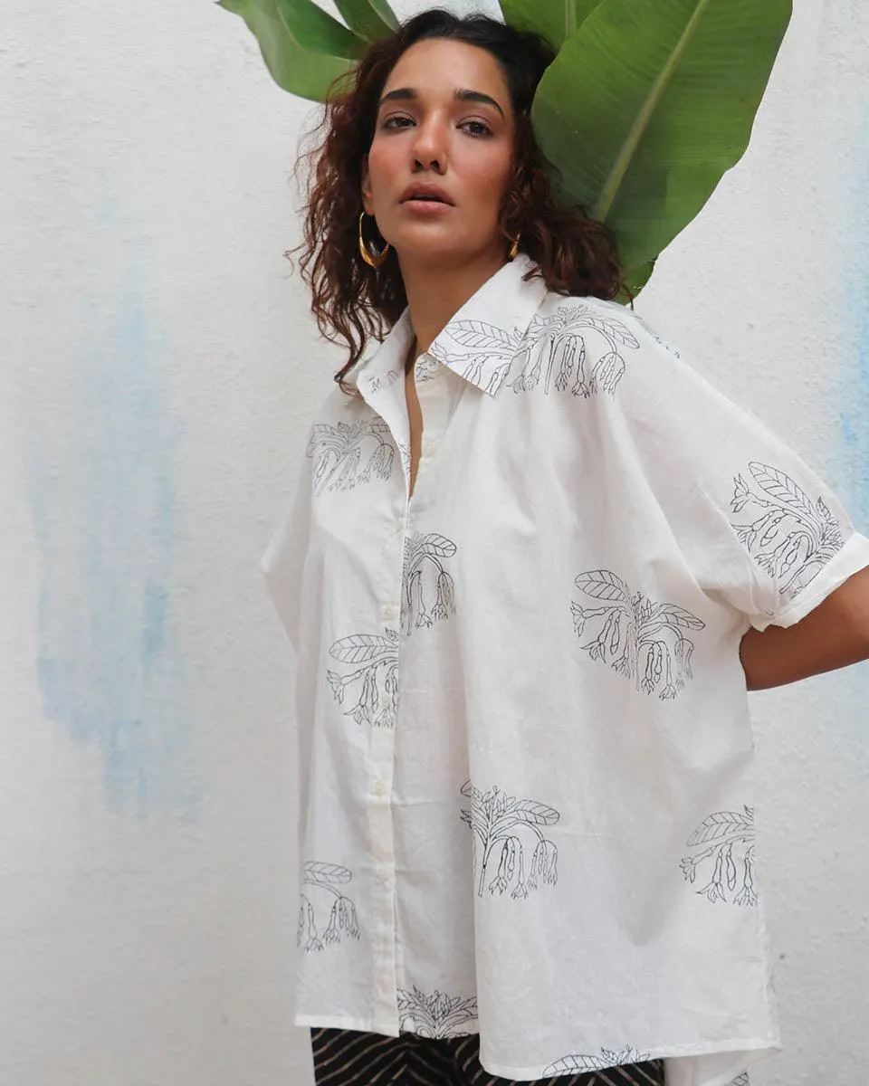 "Flor d’Luna  Handblock Printed Cotton Shirt - Mono