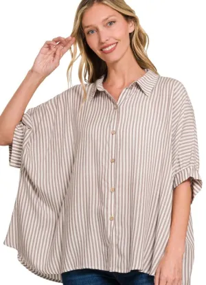 Rayon Striped SS Button Up in Mocha by Zenana