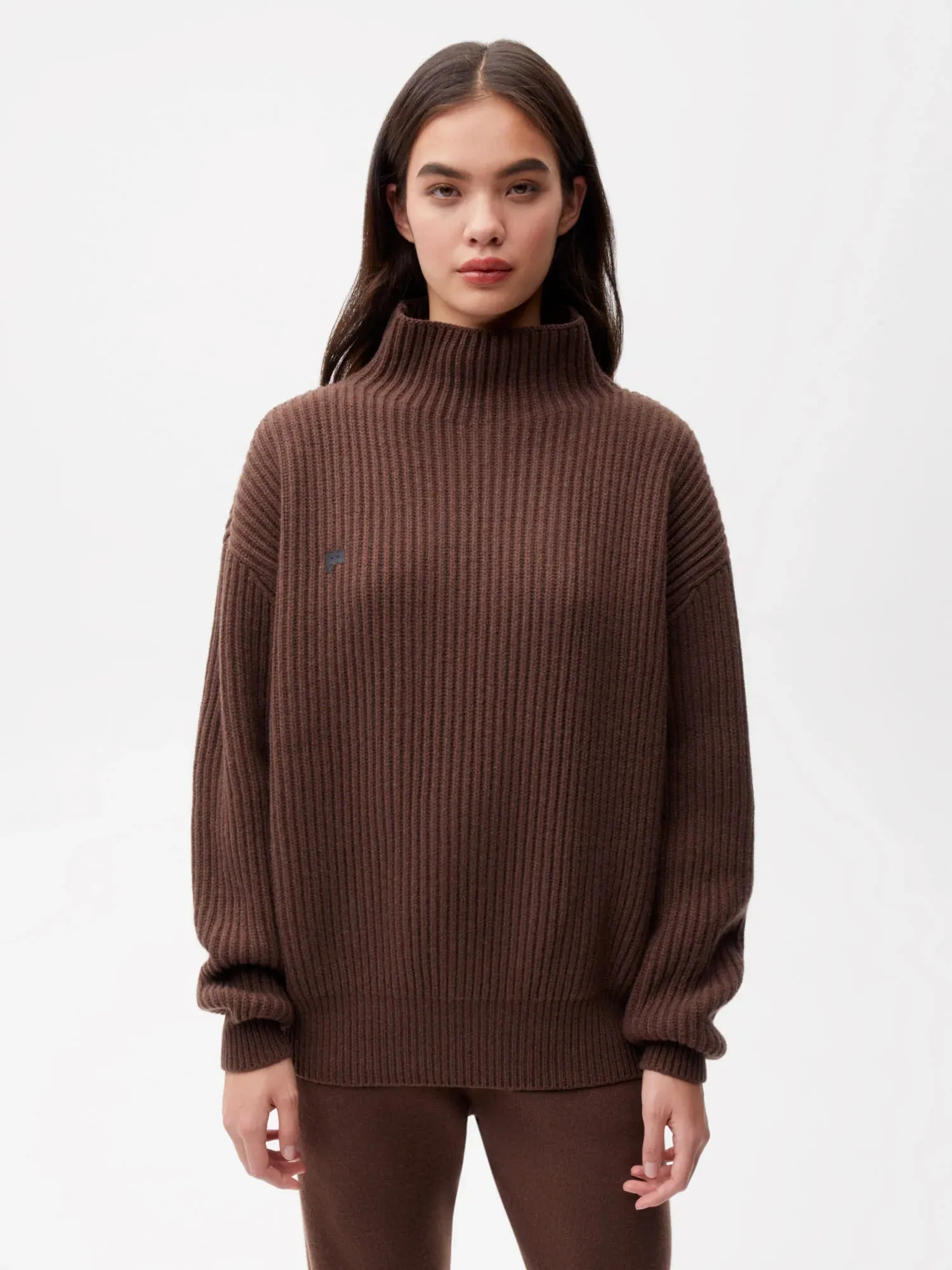 Recycled Cashmere Funnel-Neck Sweater—chestnut brown