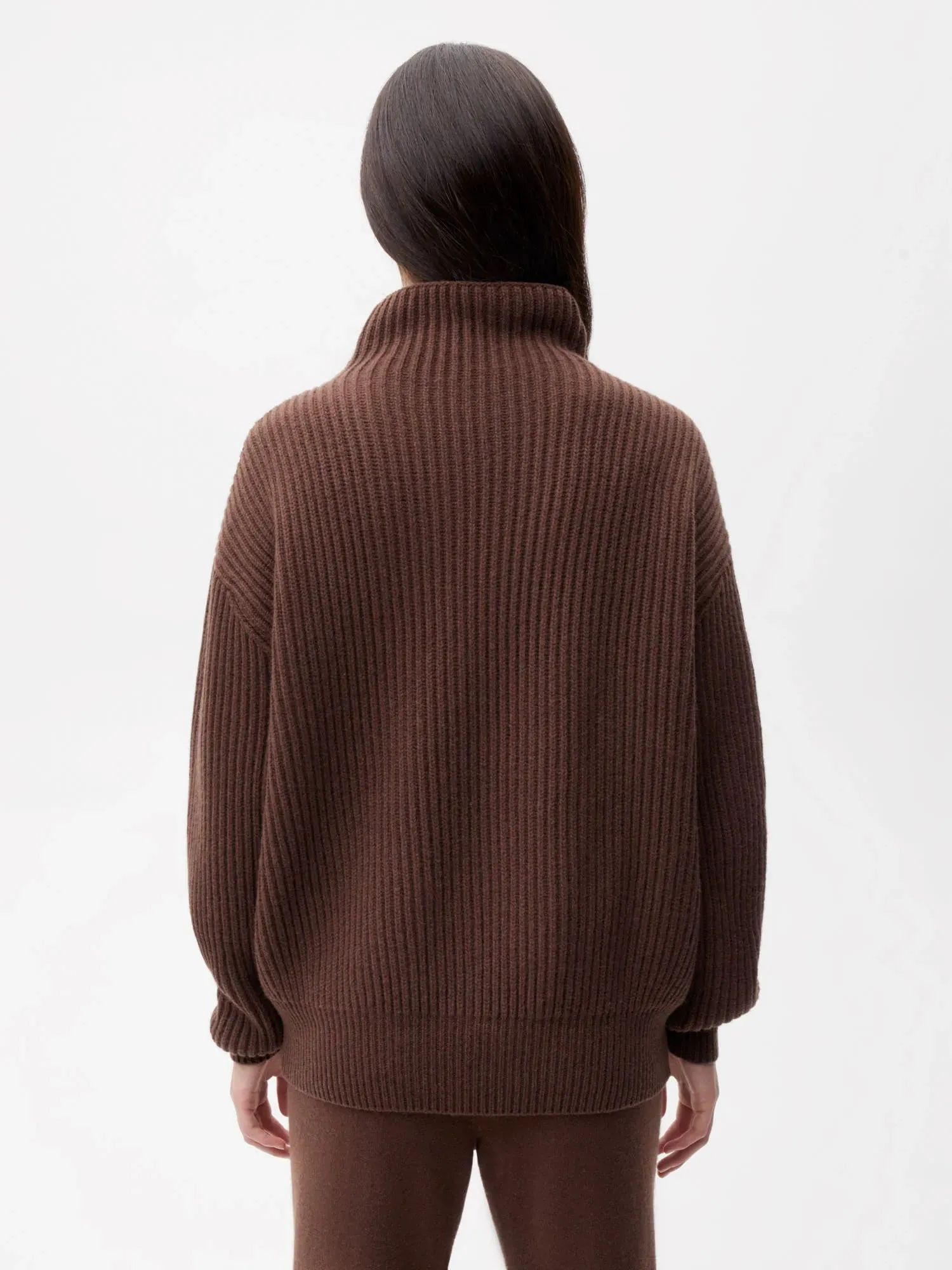 Recycled Cashmere Funnel-Neck Sweater—chestnut brown