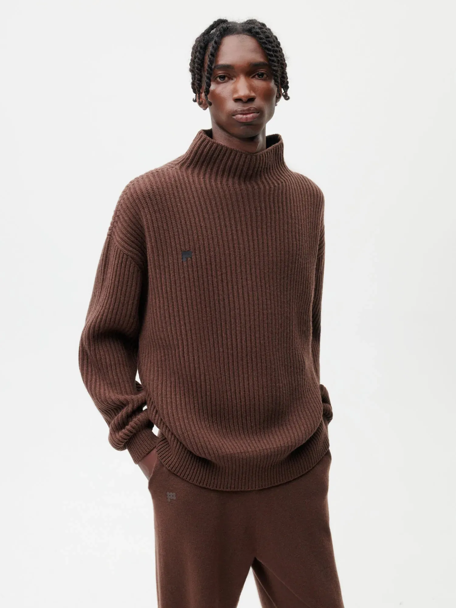 Recycled Cashmere Funnel-Neck Sweater—chestnut brown