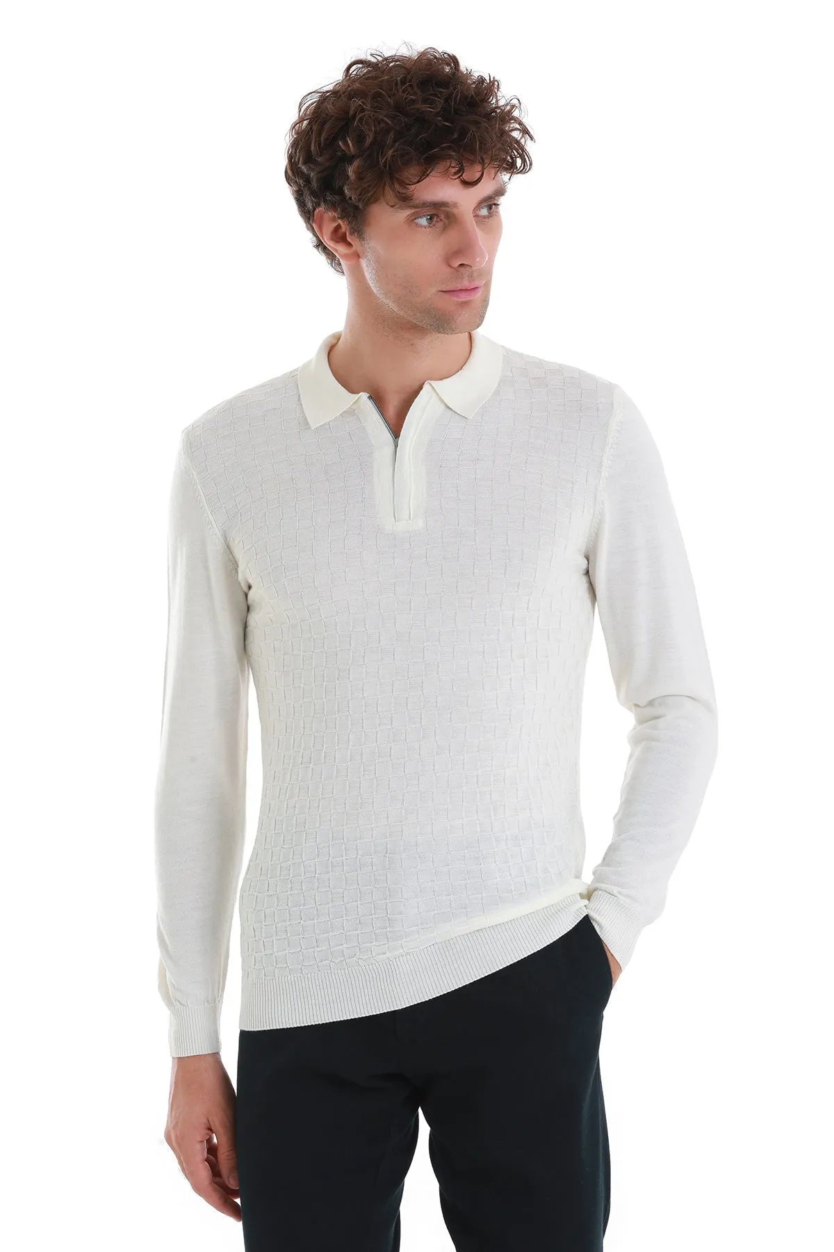 Regular Fit Ecru Wool Blend Polo Sweater