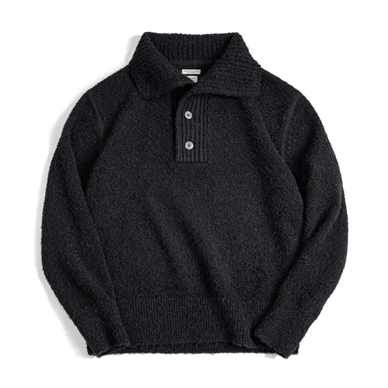 Retro Polo Sweater Heavy Loop Yarn Men's Black Warm Thick Jumper