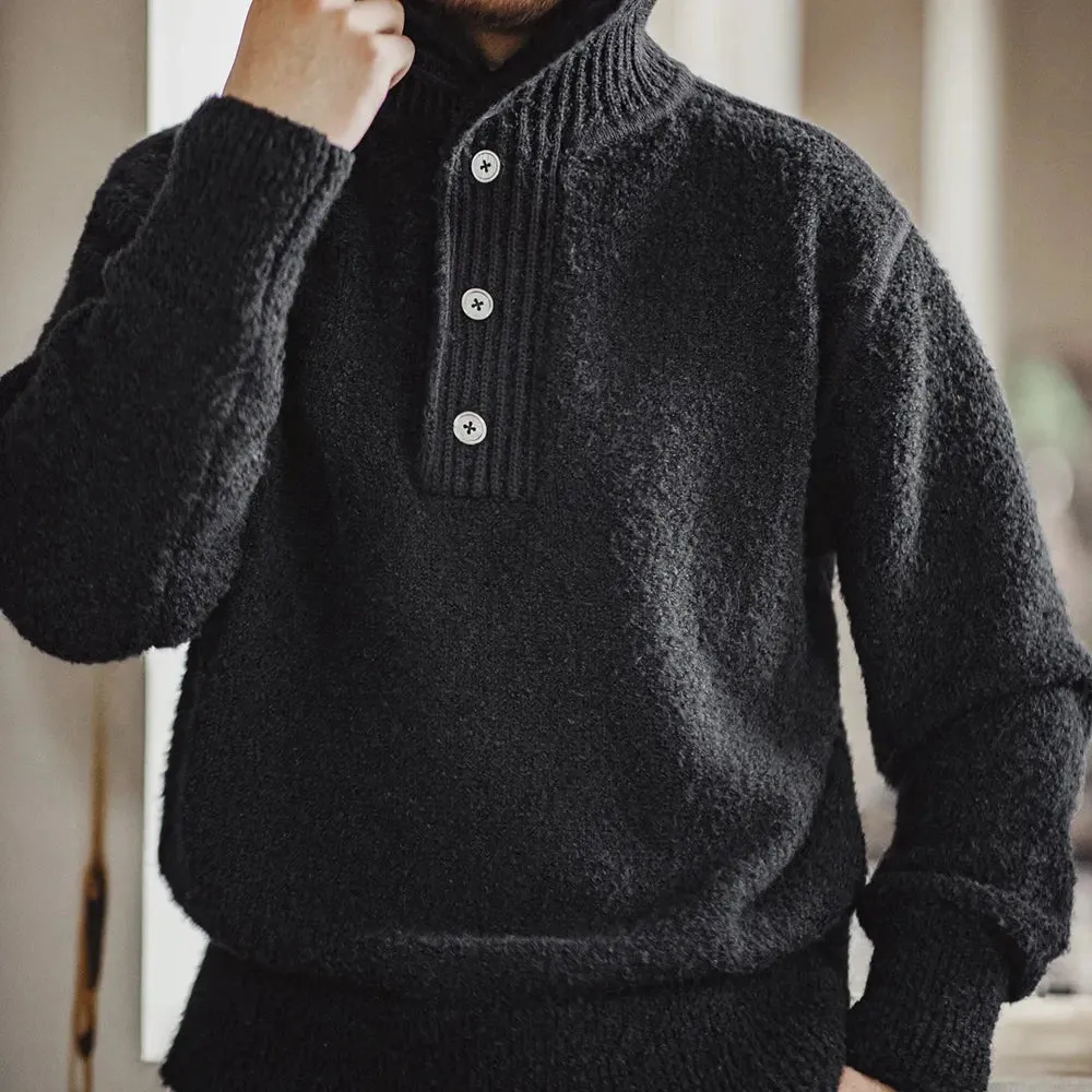 Retro Polo Sweater Heavy Loop Yarn Men's Black Warm Thick Jumper