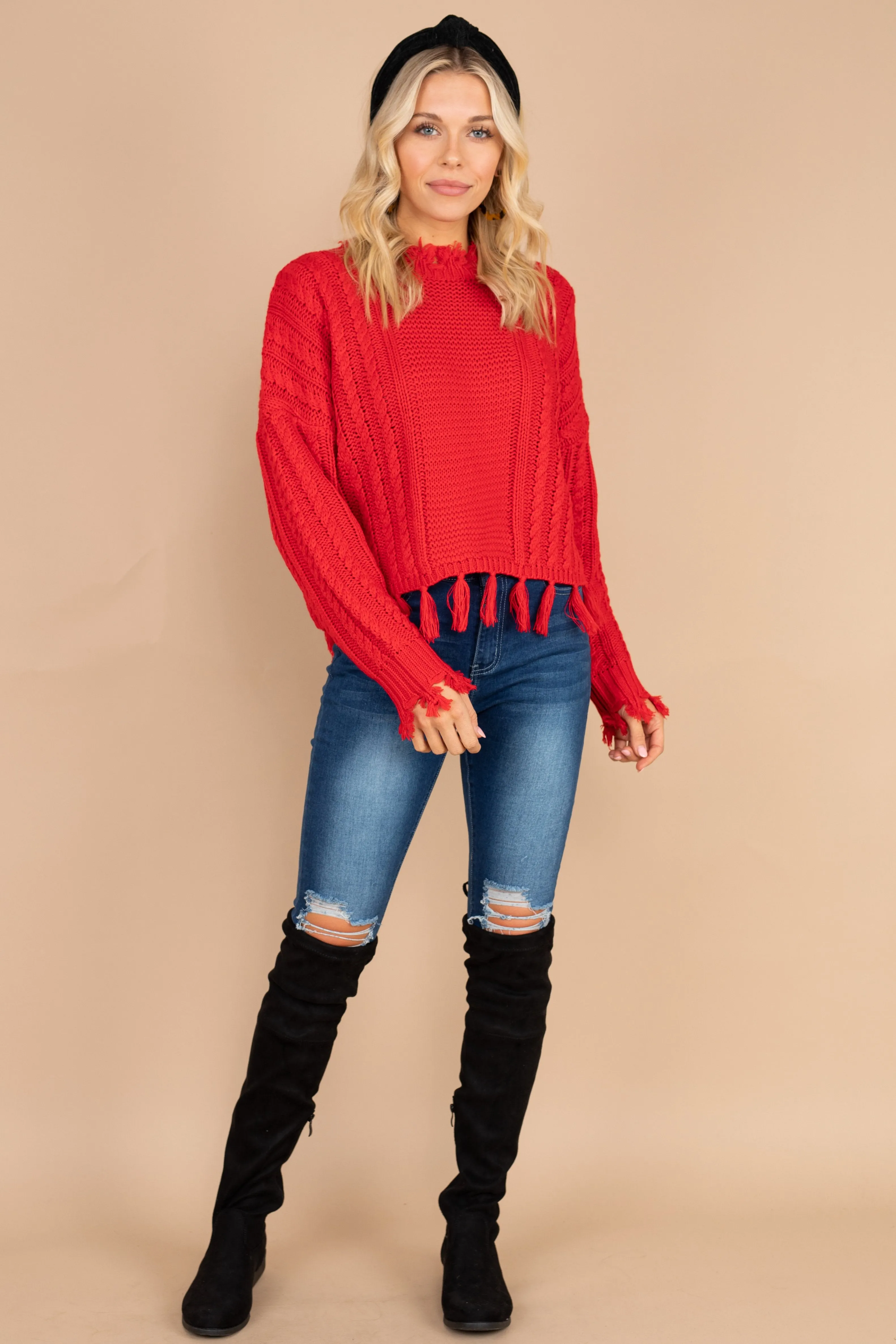 Return To Chic Red Distressed Sweater