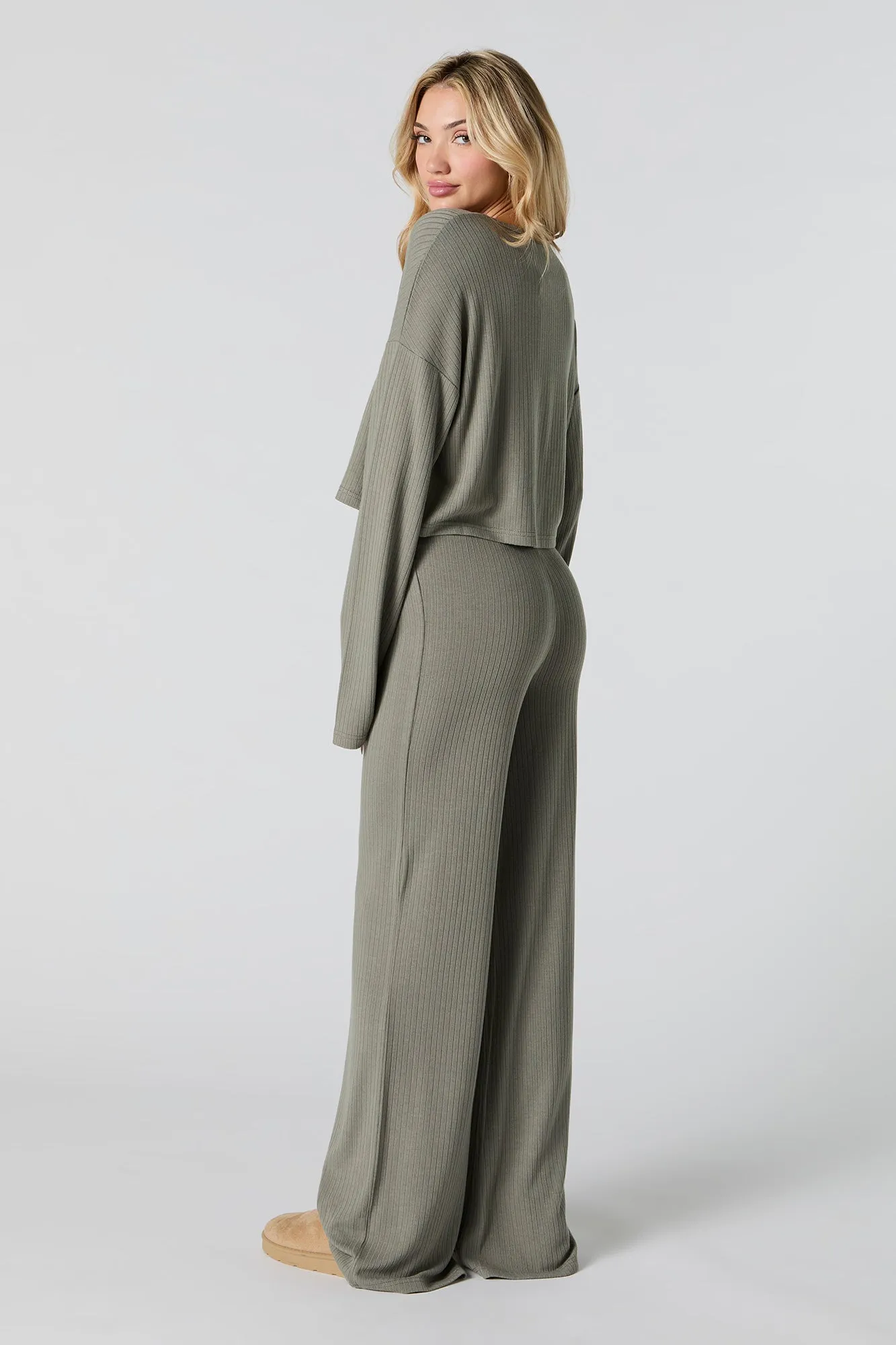 Ribbed Knit Wide Leg Drawstring Pant