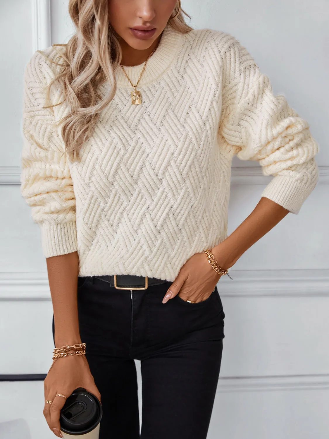 Round Neck Long Sleeve Woven Sweater | Winter Fashion | Sweaters