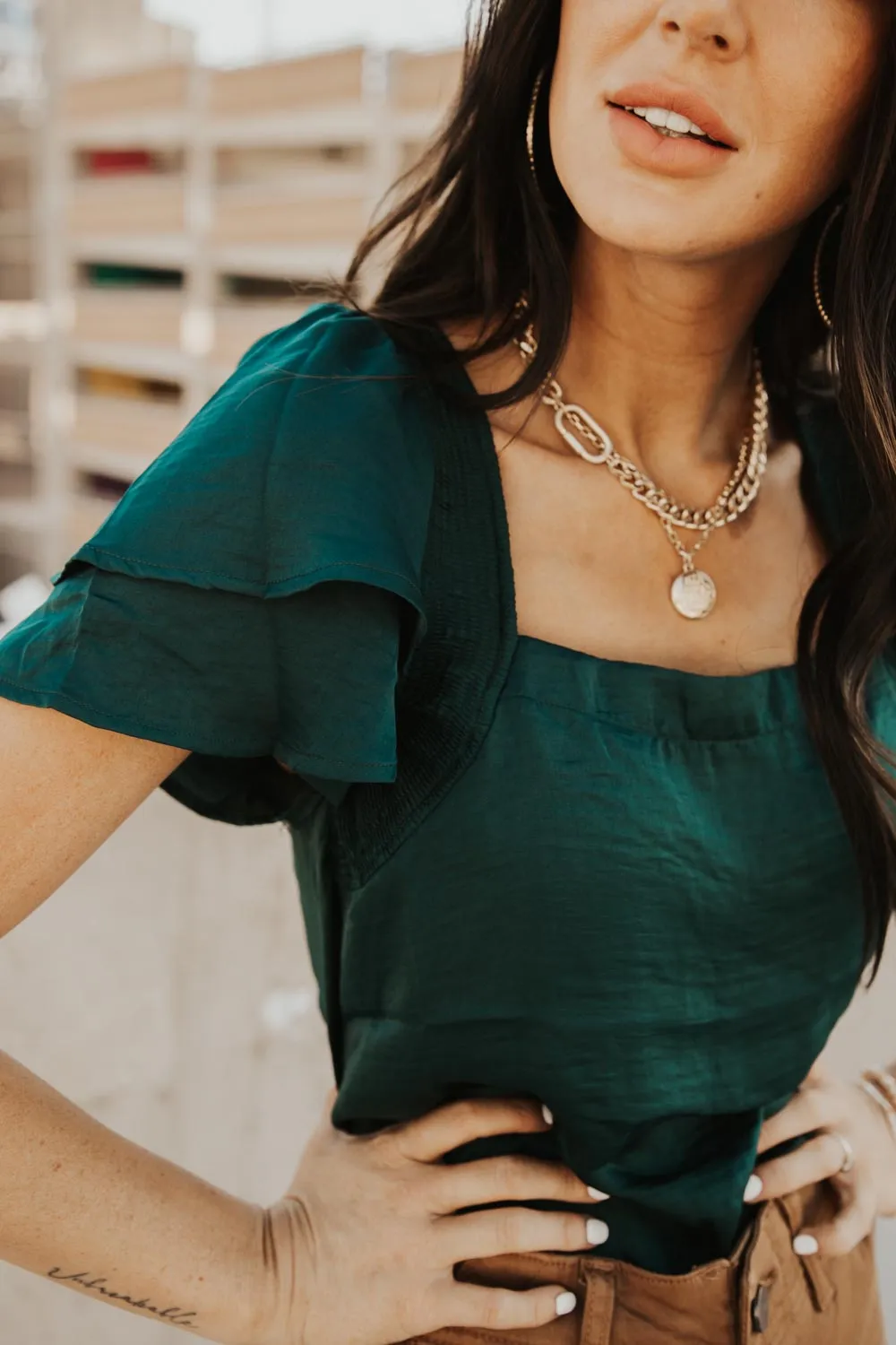 Ruffle Sleeve Bodysuit in Teal