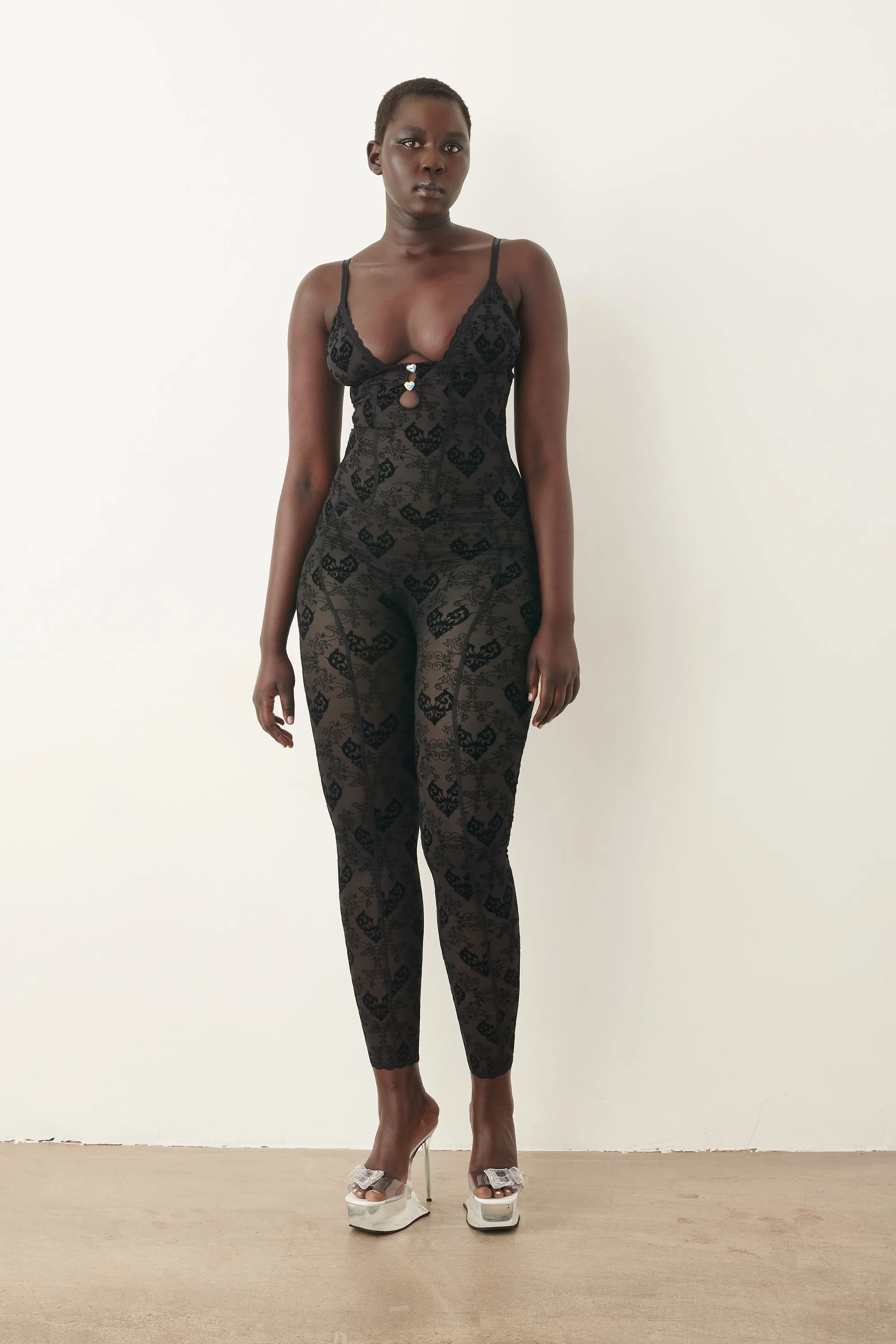 Scarlett Jumpsuit Flocked Mesh Black