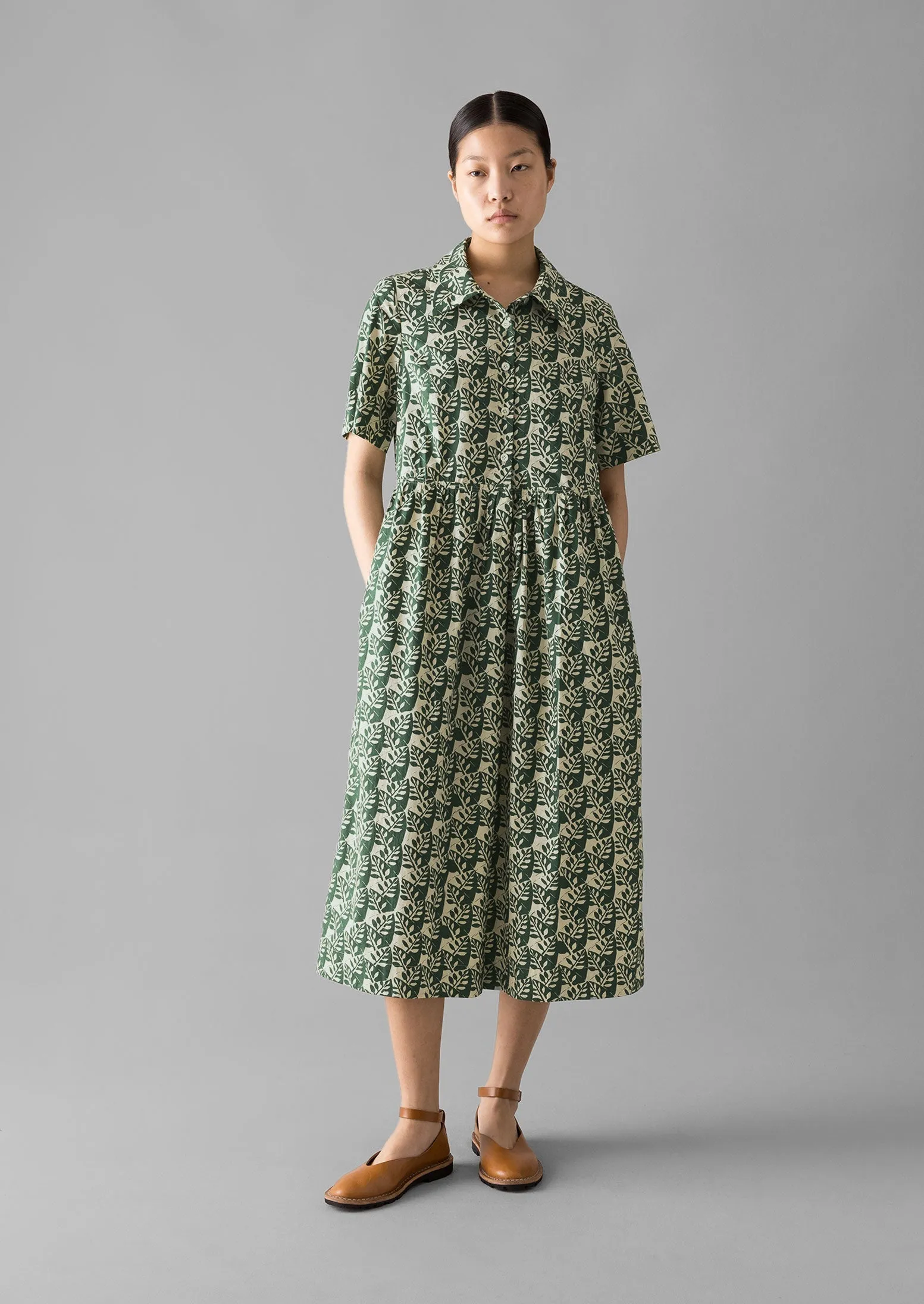 Selma Cotton Shirt Dress | Ecru/Serpentine Green