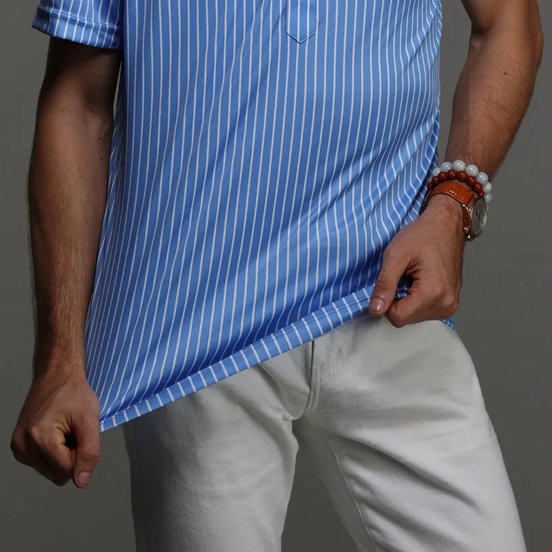 Semi-Spread Collar Polo Monaco Blue With White Stripe