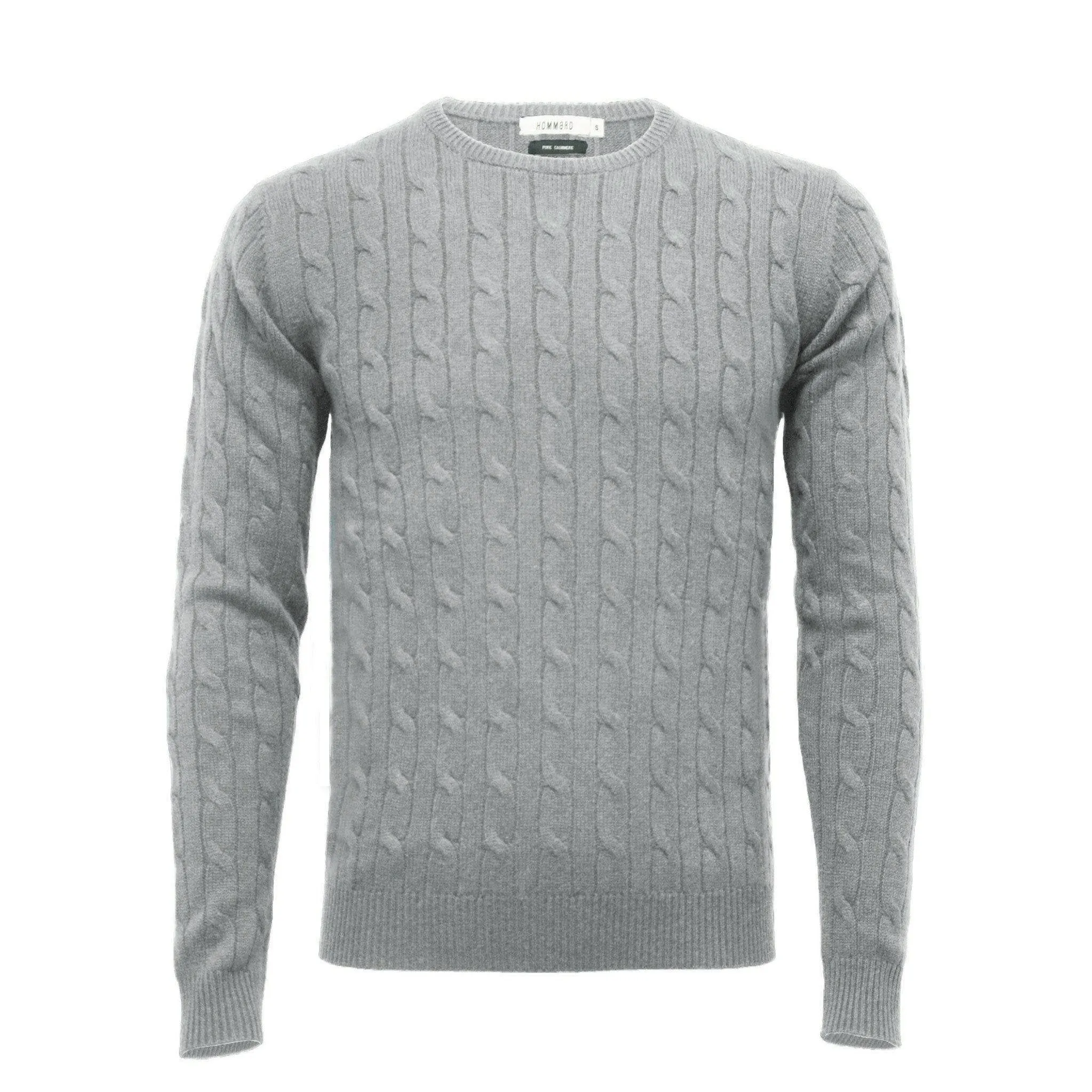 Silver Grey Cashmere Crew Neck Cable Sweater