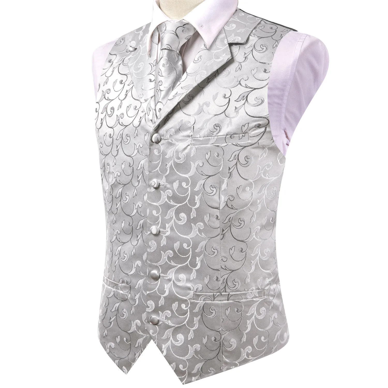 Silver Grey Leaves Silk Men's Collar Vest Hanky Cufflinks Tie Set Waistcoat Suit Set