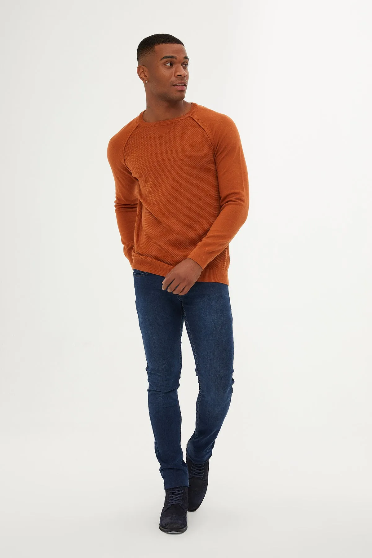 Slim Fit Cinnamon Cotton Blend Crewneck Sweater