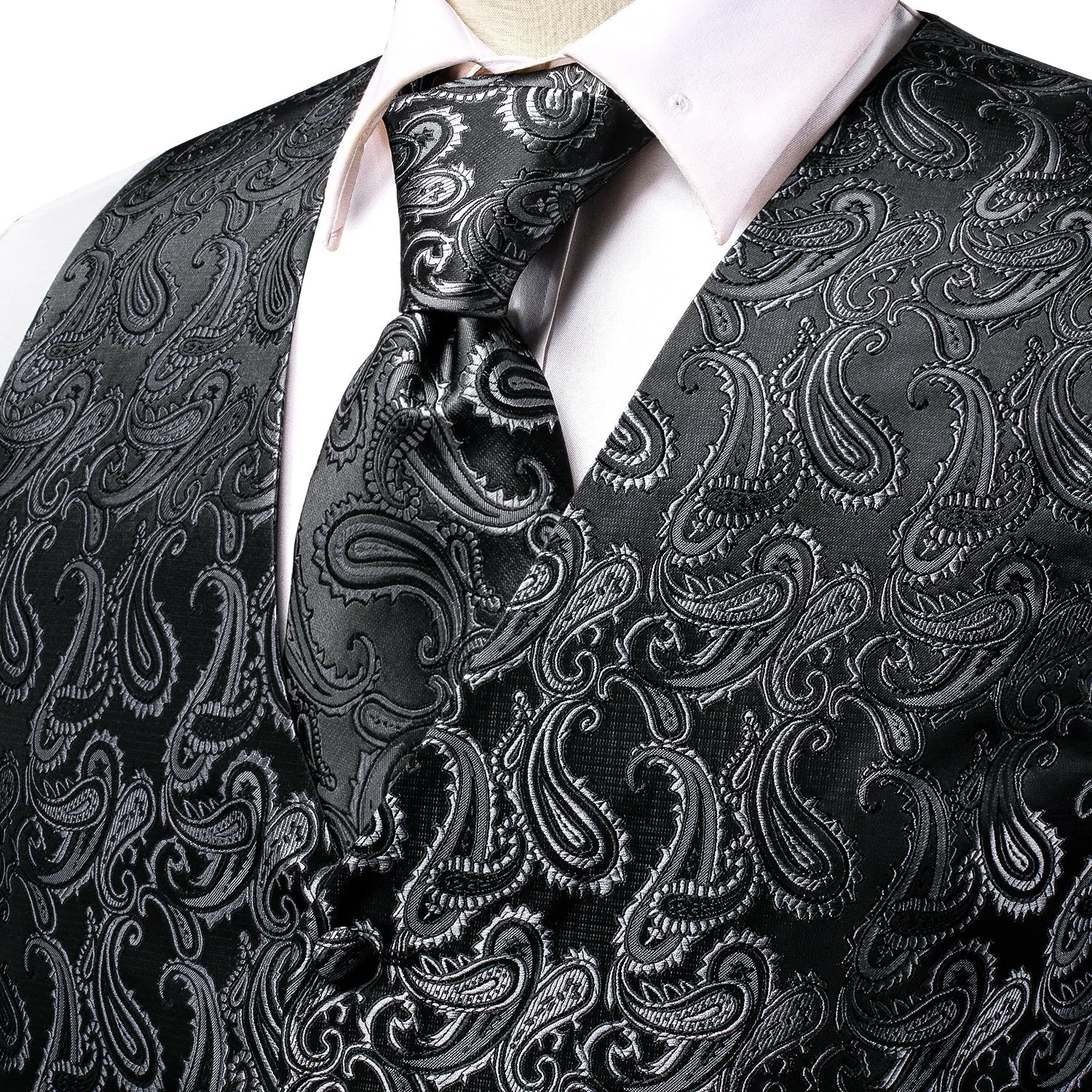 Sliver Black Paisley Jacquard Silk Men's Vest Hanky Cufflinks Tie Set