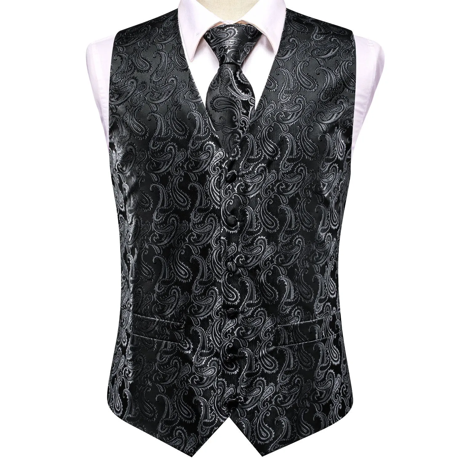 Sliver Black Paisley Jacquard Silk Men's Vest Hanky Cufflinks Tie Set