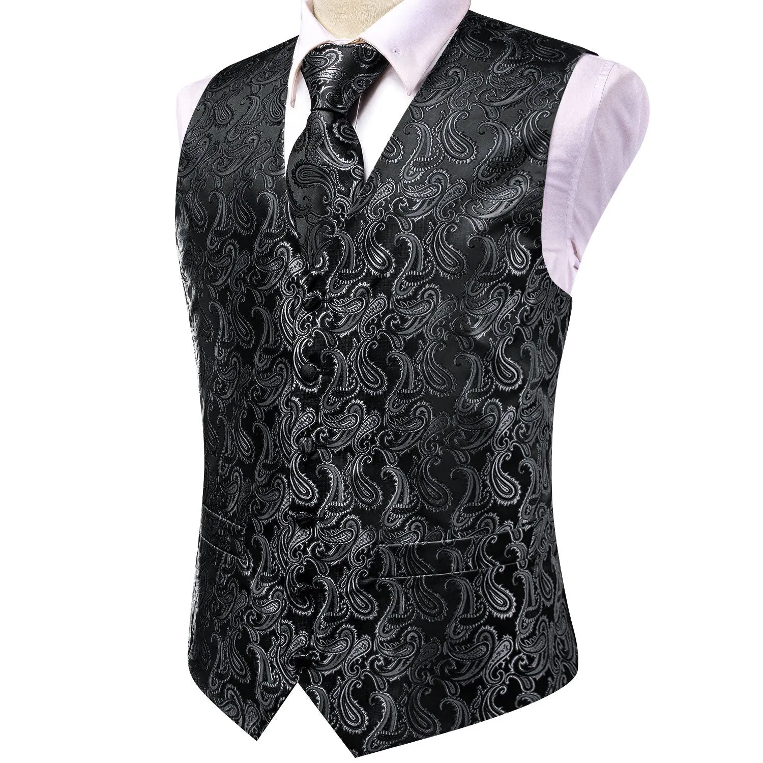 Sliver Black Paisley Jacquard Silk Men's Vest Hanky Cufflinks Tie Set