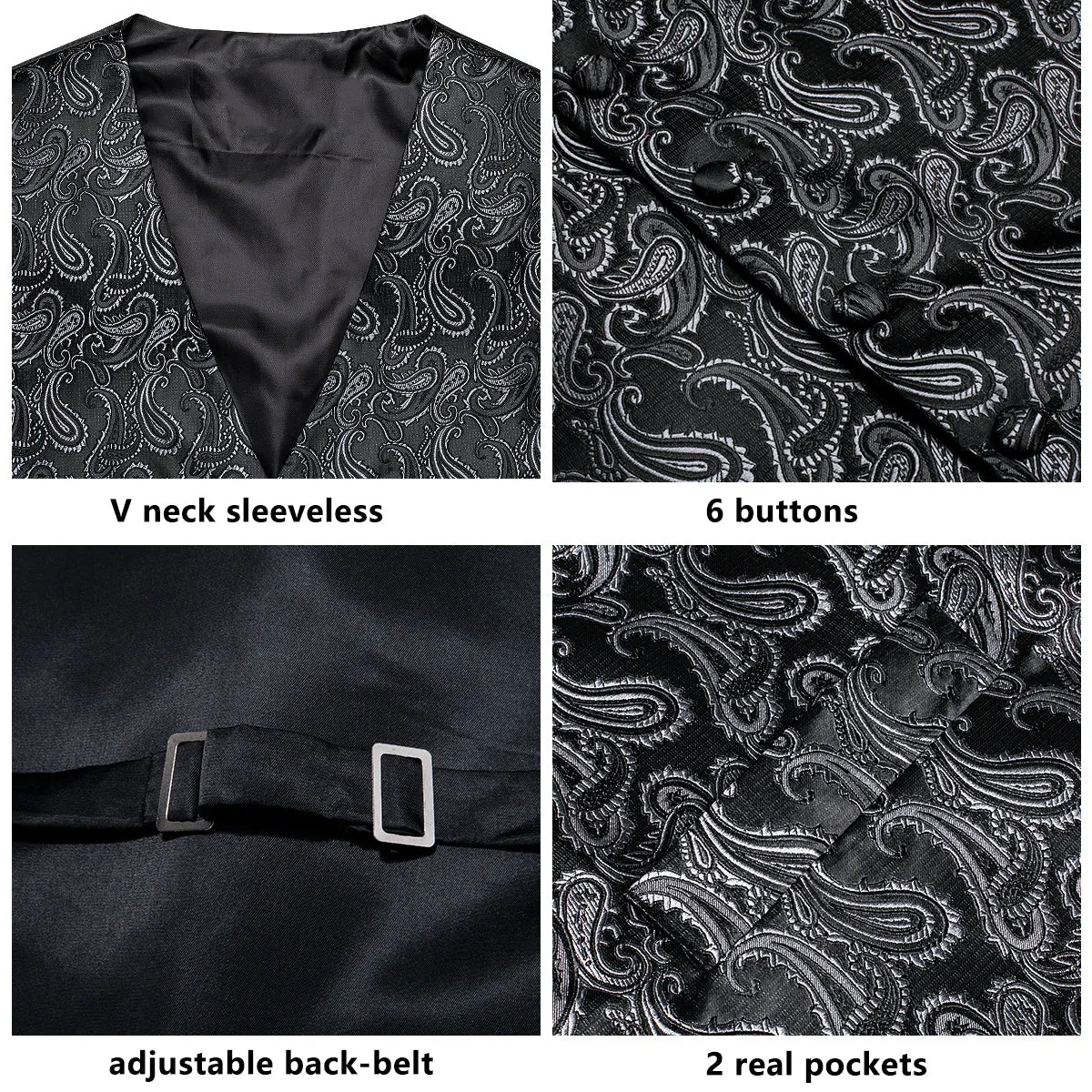 Sliver Black Paisley Jacquard Silk Men's Vest Hanky Cufflinks Tie Set