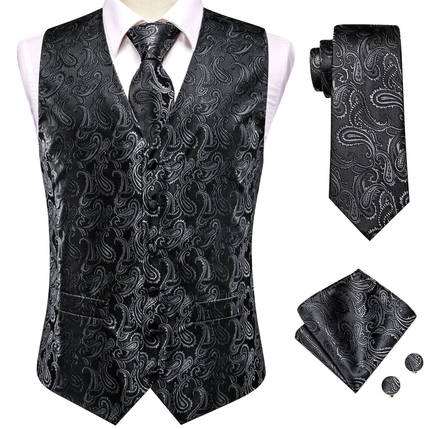 Sliver Black Paisley Jacquard Silk Men's Vest Hanky Cufflinks Tie Set