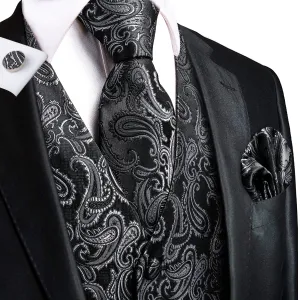 Sliver Black Paisley Jacquard Silk Men's Vest Hanky Cufflinks Tie Set