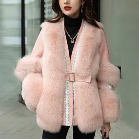 Solid Patchwork Belt Faux Fur Coats For Women V Neck Long Sleeve Temperament Coat Female Fashion Clothing