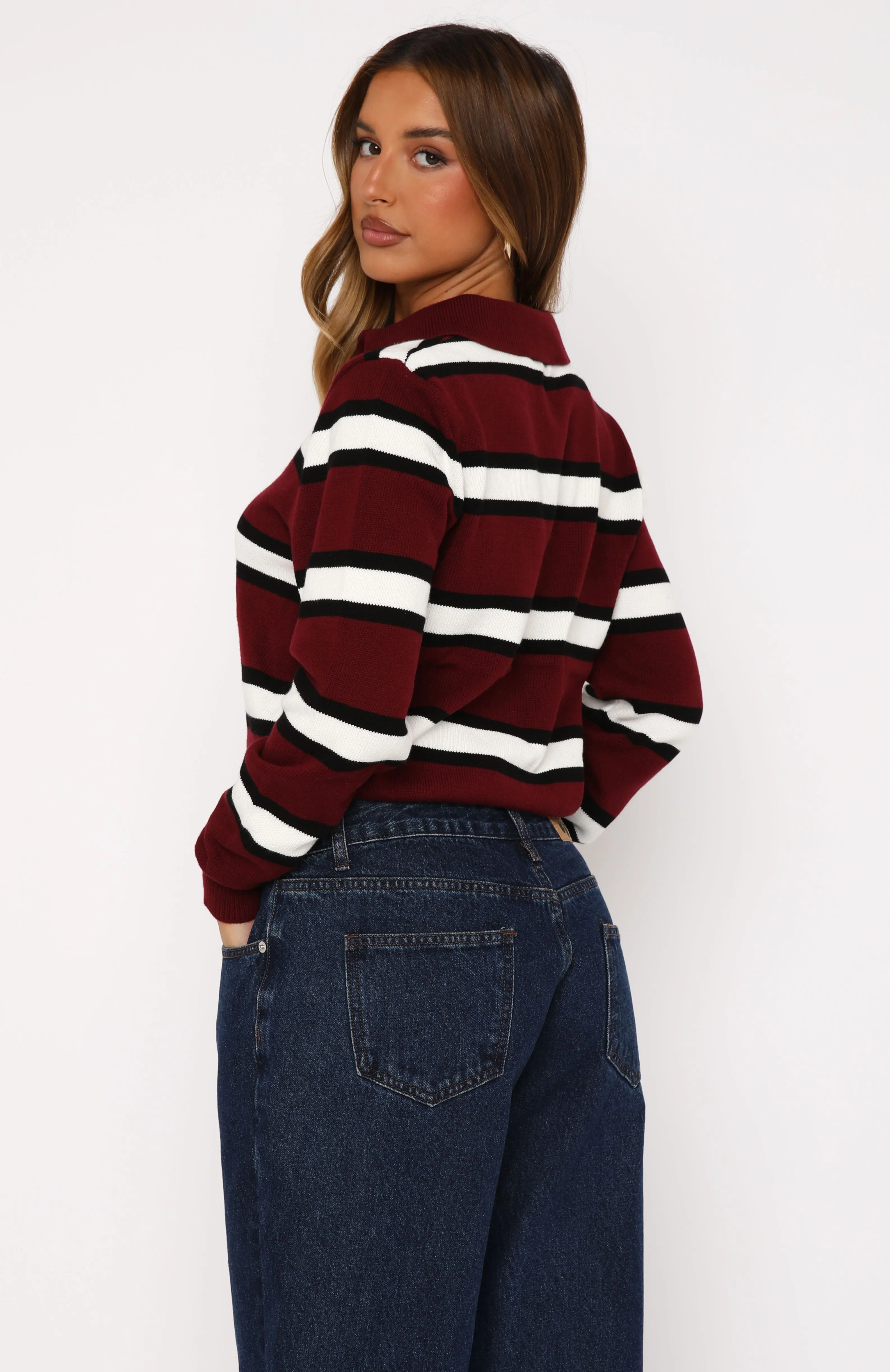 Standing Tall Knitted Polo Sweater Burgundy Stripe