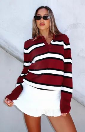 Standing Tall Knitted Polo Sweater Burgundy Stripe