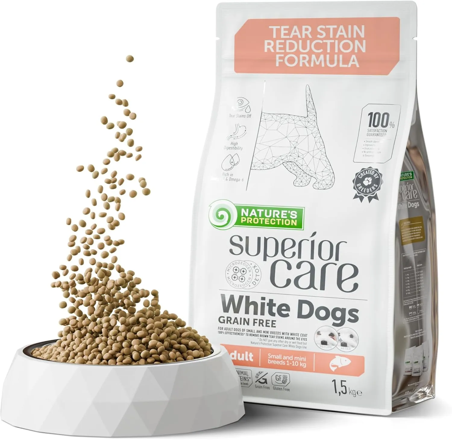 Superior Care Grain-Free Adult Dry Dog Food with Salmon for White Dogs, High-Protein, Hypoallergenic Kibble for Sensitive Stomach, Reduces Brown Tear Stains, 1.5kg. Small Breeds.