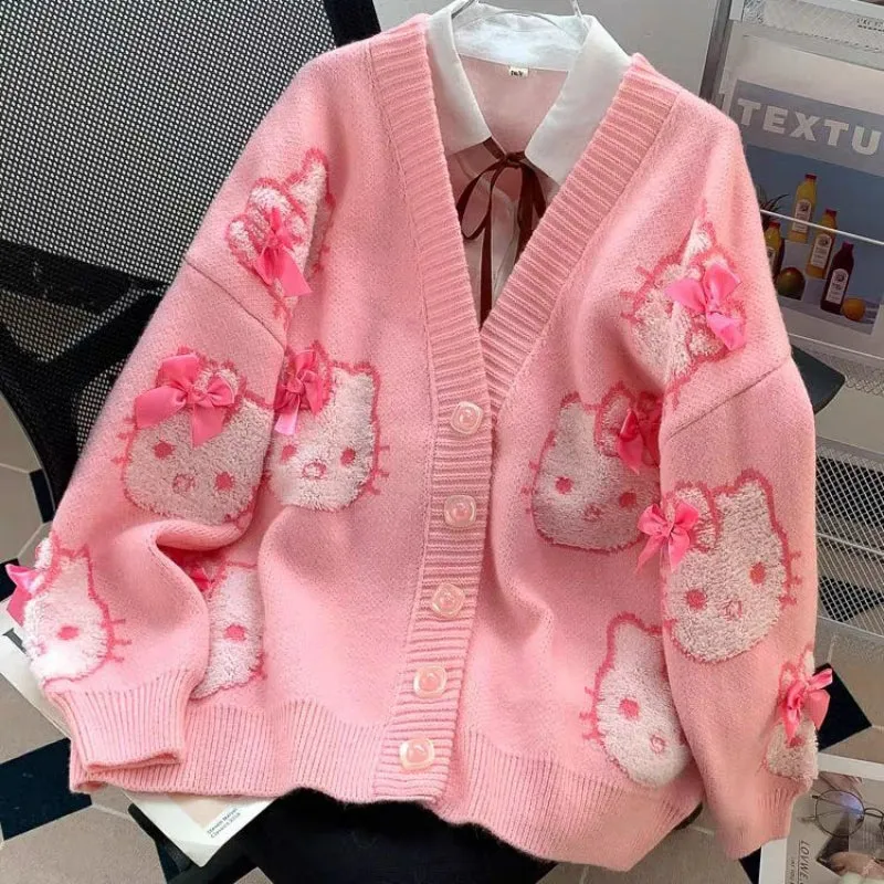 Sweet Pink Kitty Bow Cardigan Sweater KI612