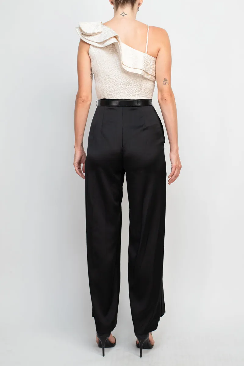 Taylor asymmetrical ruffle neck zipper side jacquard bodice belted satin pant jumpsuit with pockets