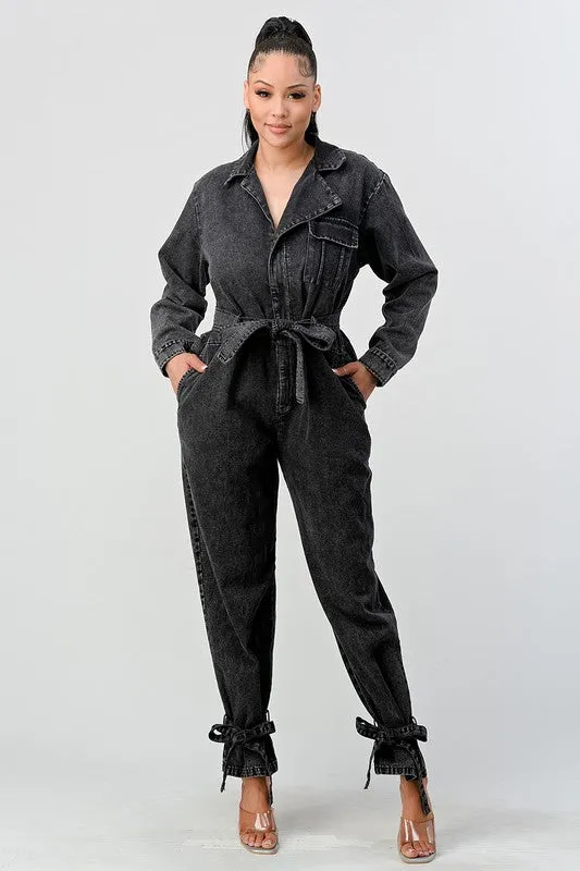 TEEK - BLACK WASHED DENIM TIE ANKLE JUMPSUIT