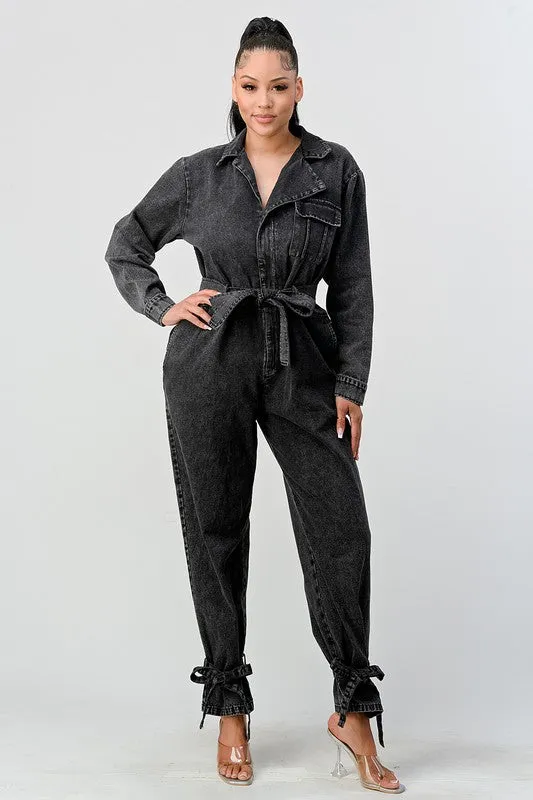 TEEK - BLACK WASHED DENIM TIE ANKLE JUMPSUIT