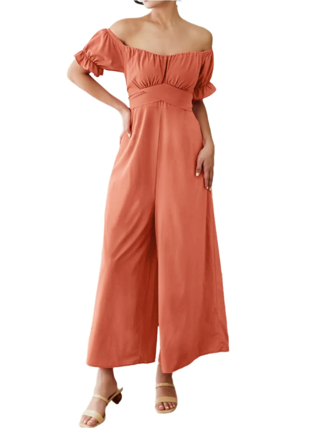 TEEK - Coral Off-Shoulder Short Sleeve Wide Leg Jumpsuit