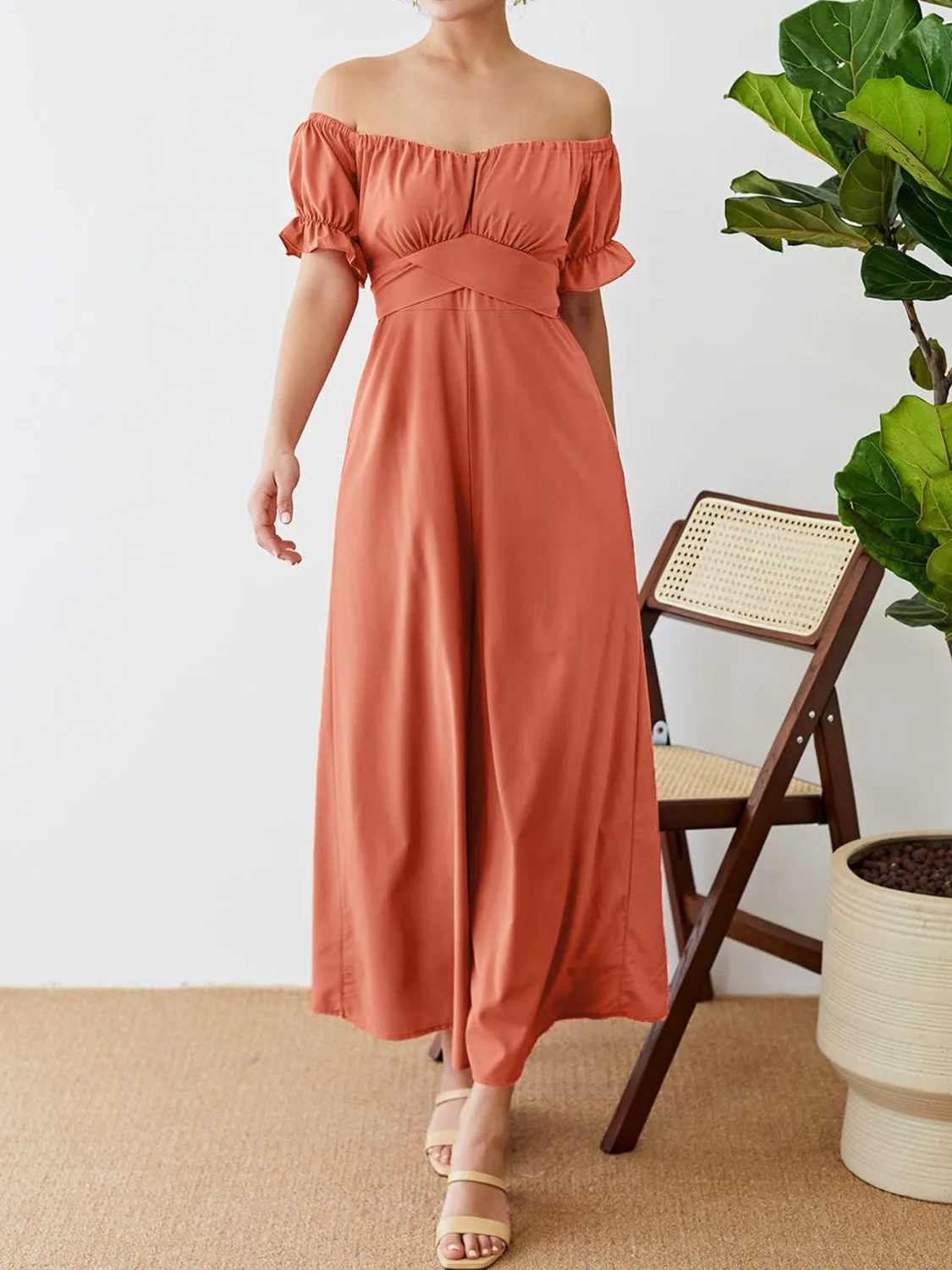 TEEK - Coral Off-Shoulder Short Sleeve Wide Leg Jumpsuit