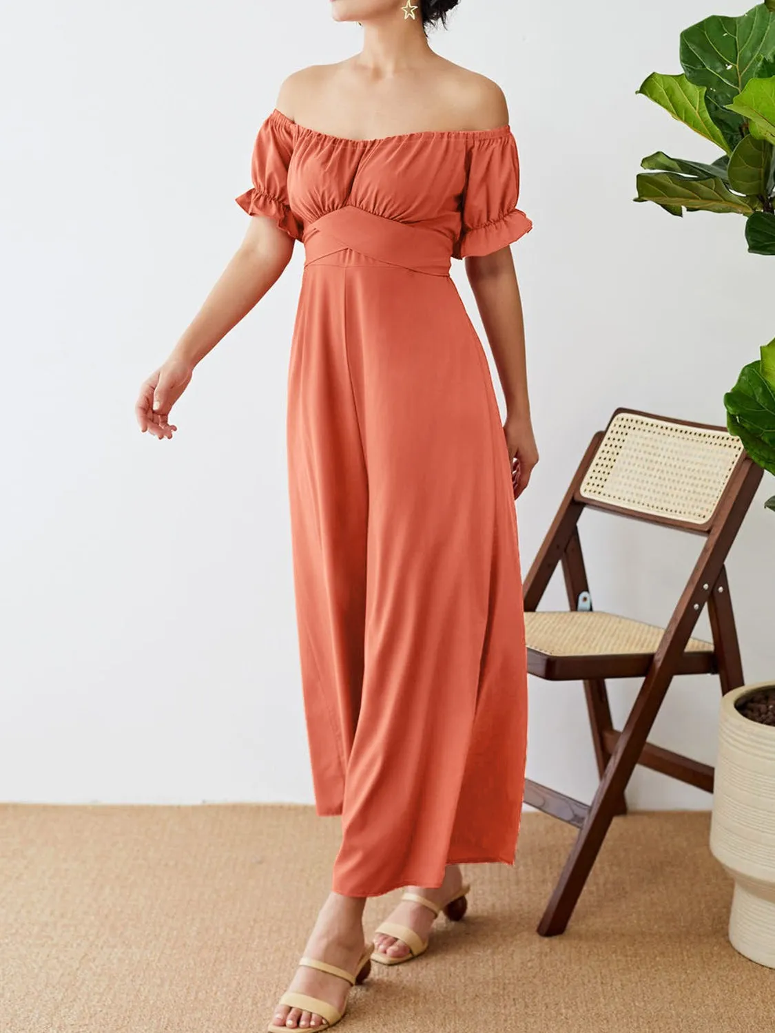 TEEK - Coral Off-Shoulder Short Sleeve Wide Leg Jumpsuit