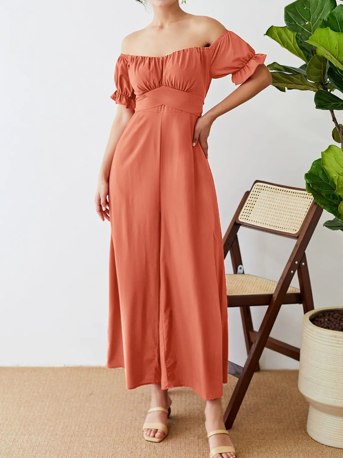 TEEK - Coral Off-Shoulder Short Sleeve Wide Leg Jumpsuit