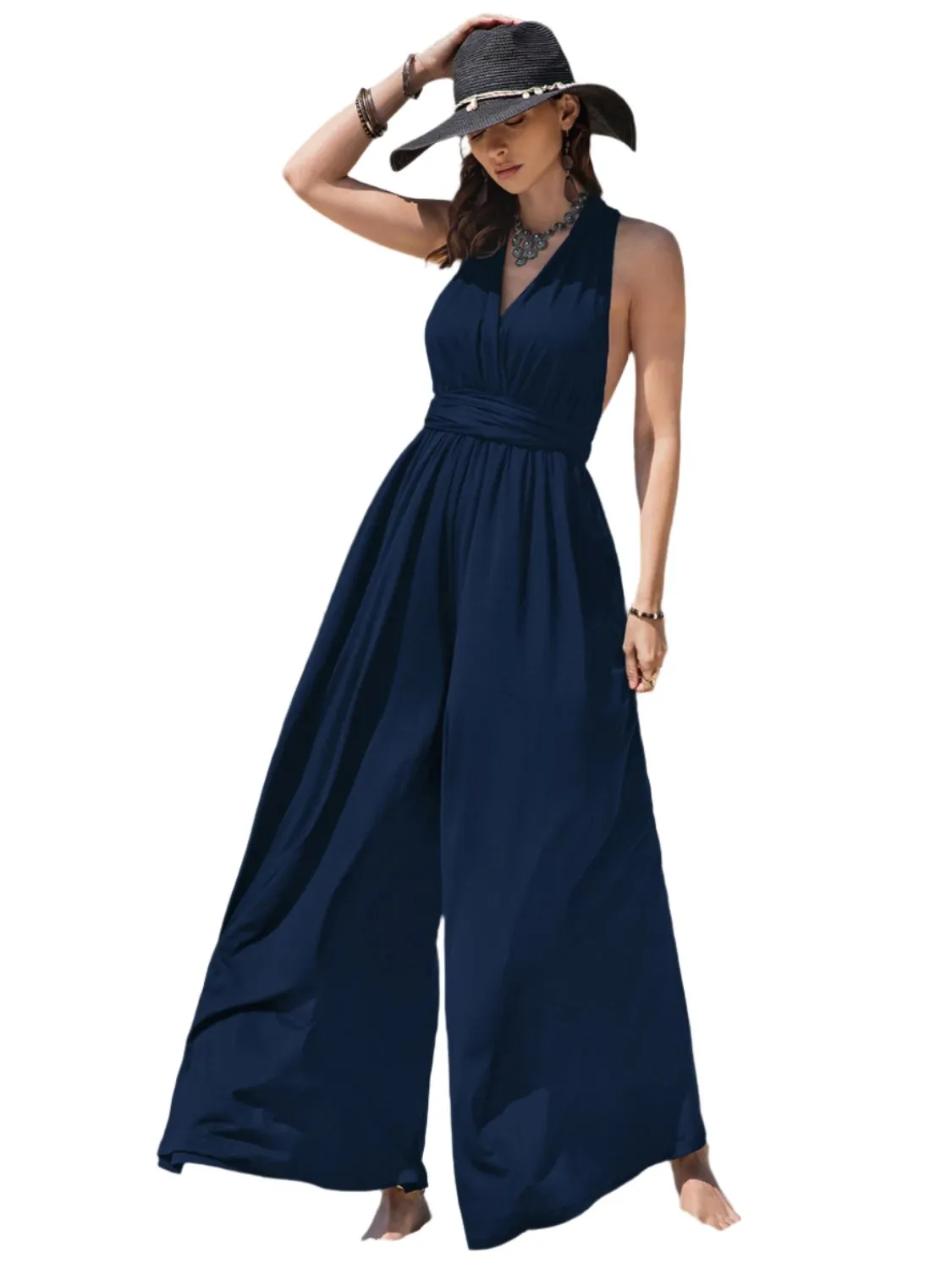 TEEK - Dark Blue Surplice Wide Leg Free Tied Jumpsuit