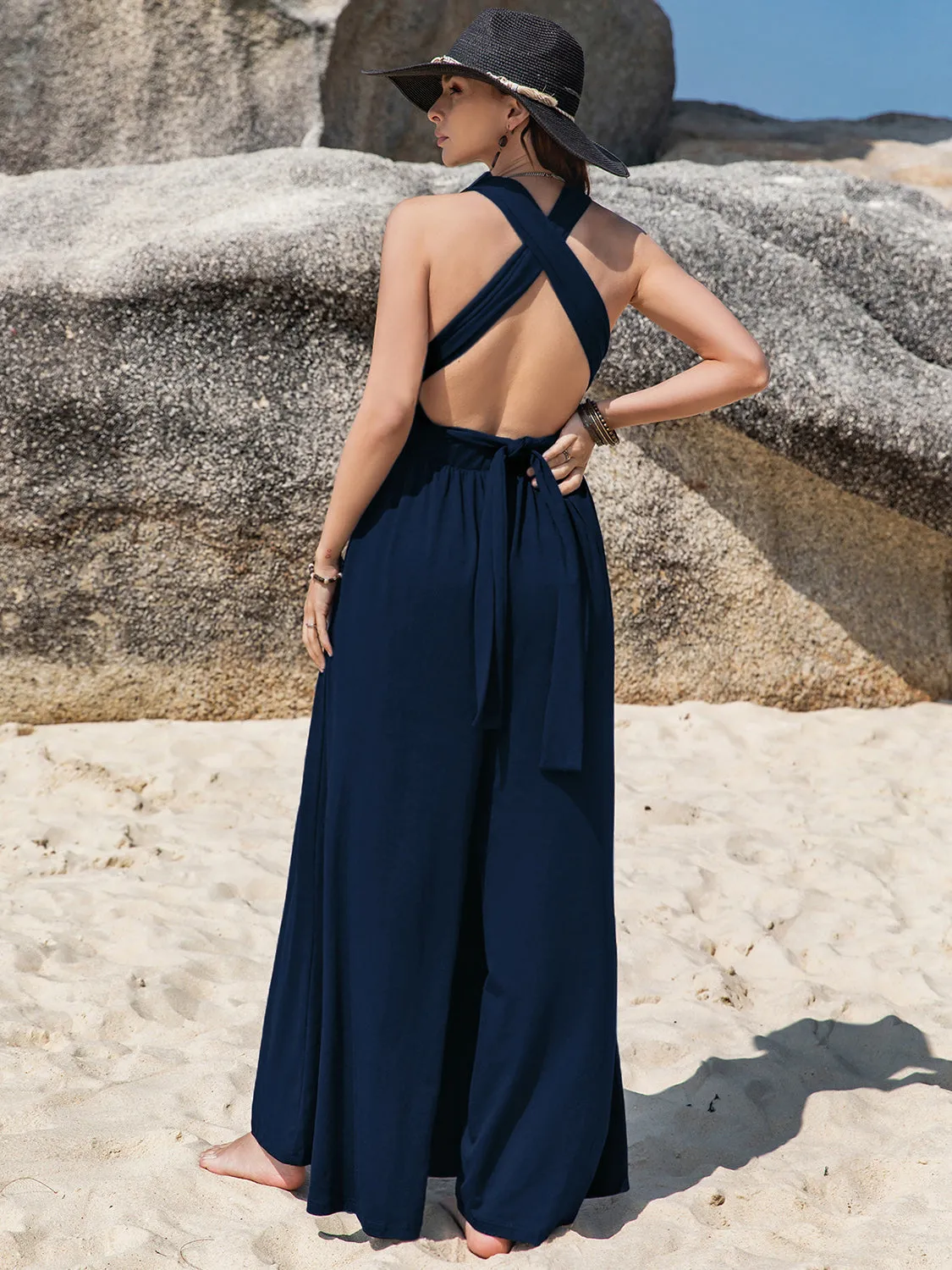 TEEK - Dark Blue Surplice Wide Leg Free Tied Jumpsuit