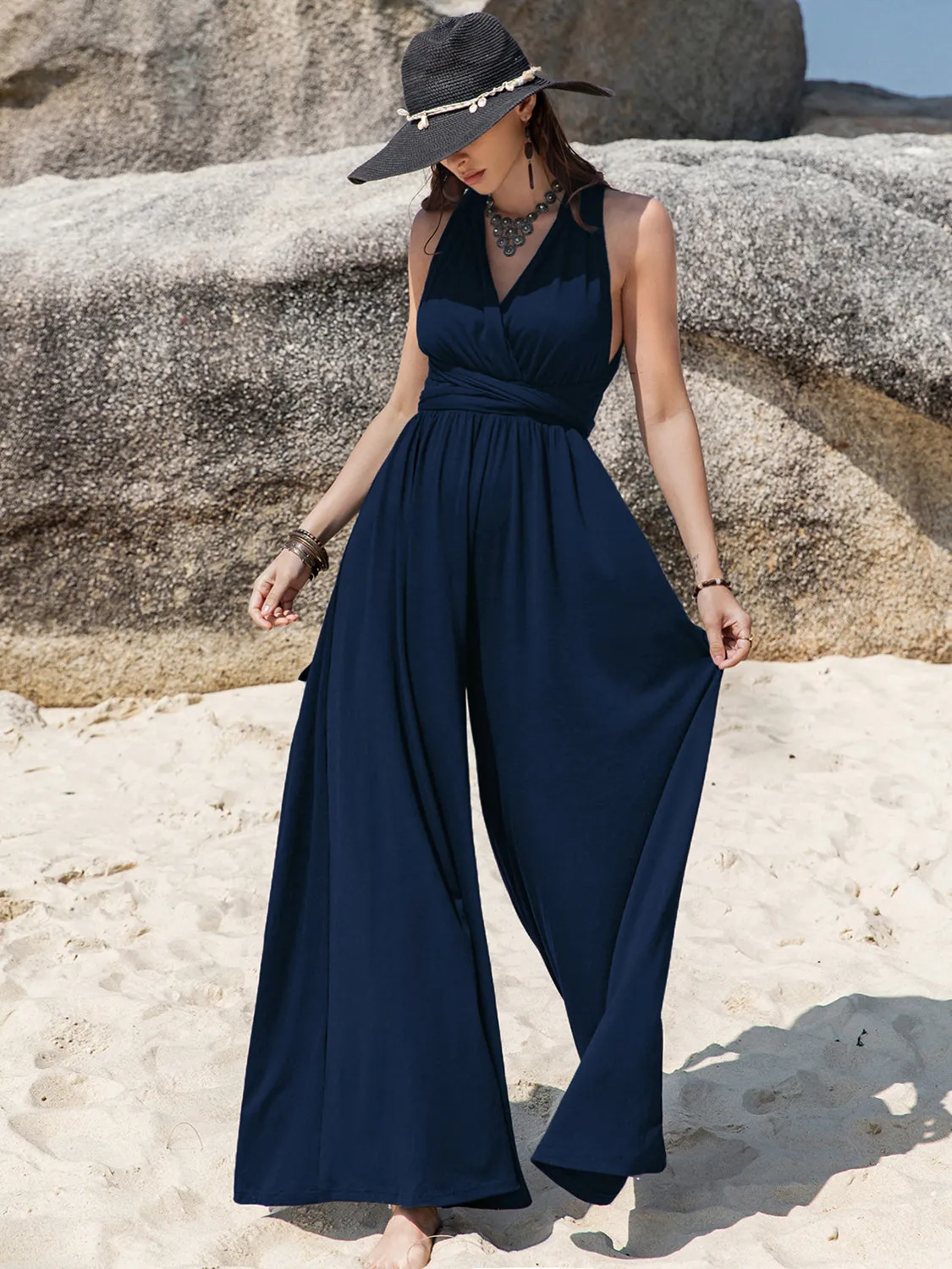 TEEK - Dark Blue Surplice Wide Leg Free Tied Jumpsuit