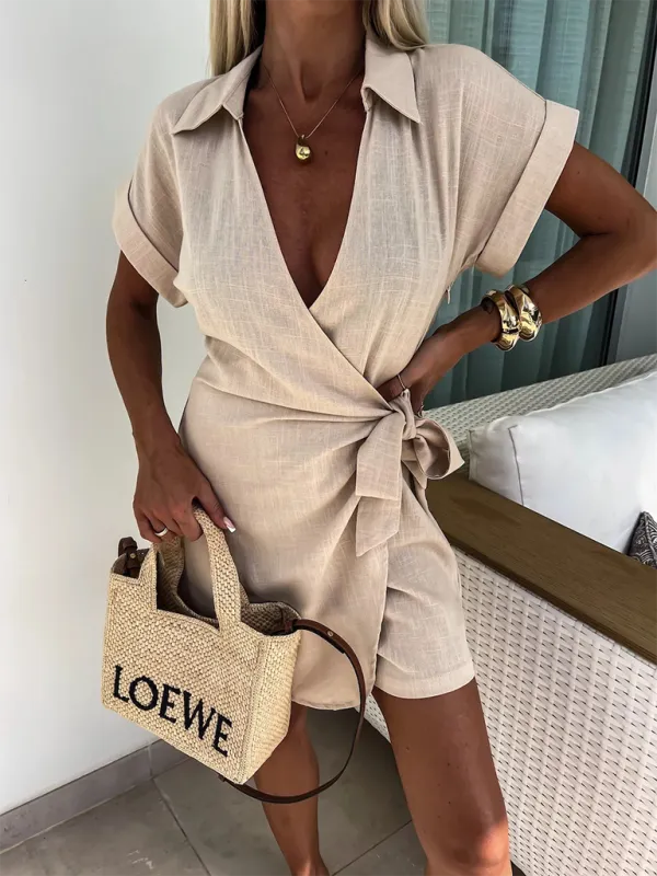 TEEK - Lapel Short Sleeve Waist Tie Romper