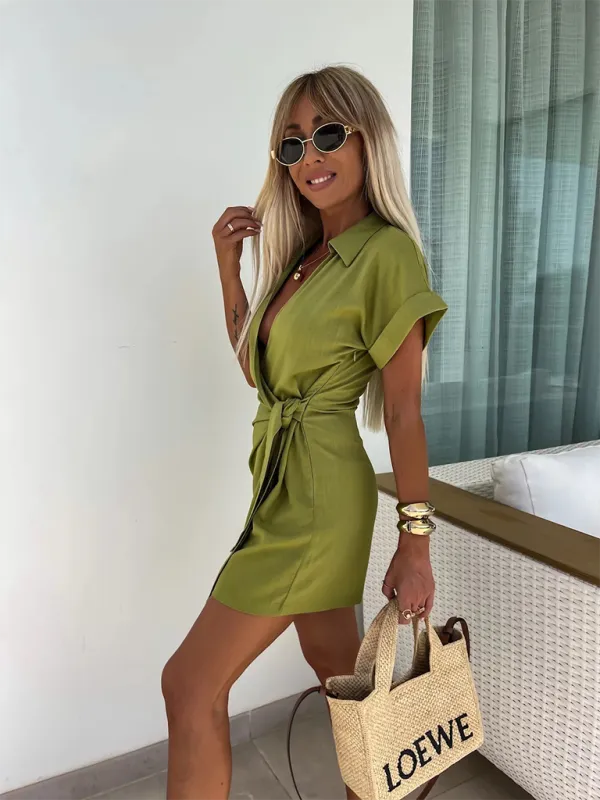 TEEK - Lapel Short Sleeve Waist Tie Romper