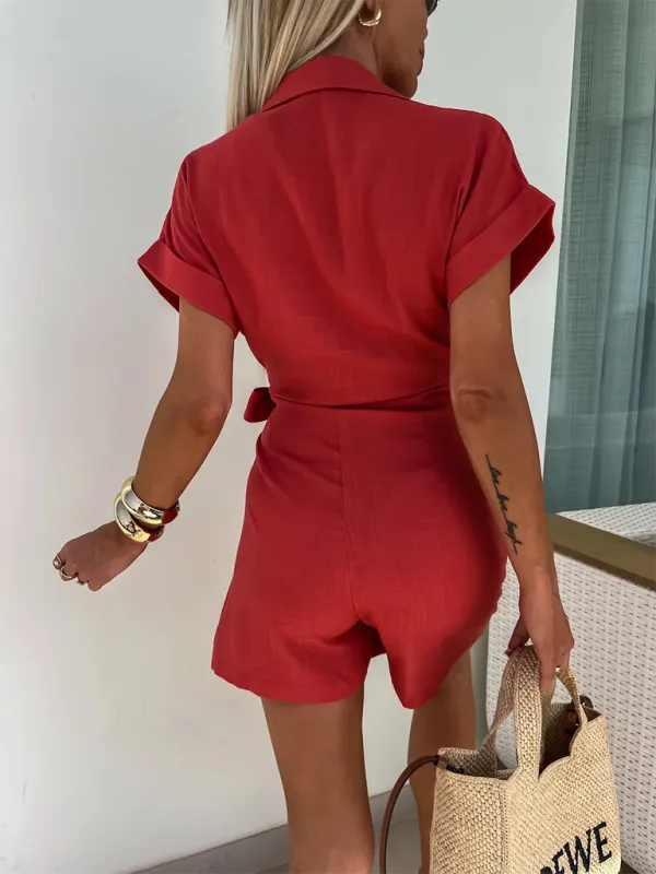 TEEK - Lapel Short Sleeve Waist Tie Romper