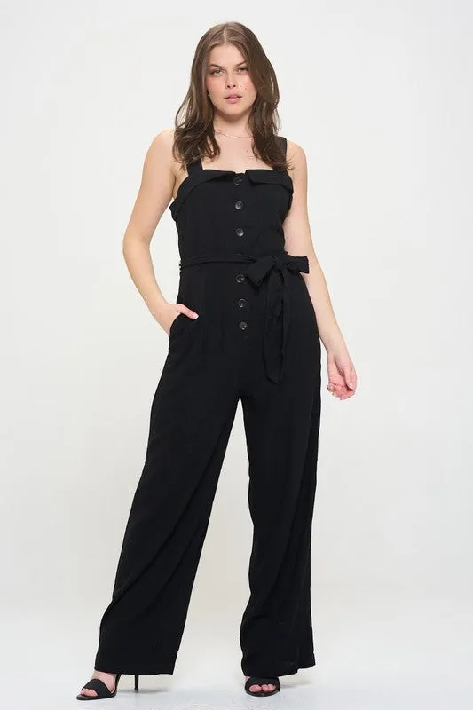 TEEK - PLUS SIZE SLEEVELESS ADJUSTABLE STRAP BUTTON JUMPSUIT