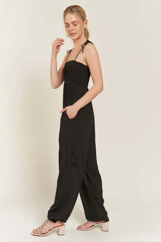 TEEK - PLUS SIZE SMOCKED TIE STRAP JUMPSUIT