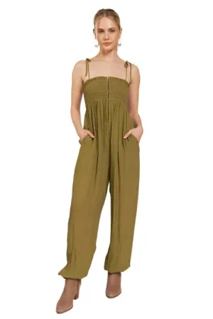 TEEK - PLUS SIZE SMOCKED TIE STRAP JUMPSUIT