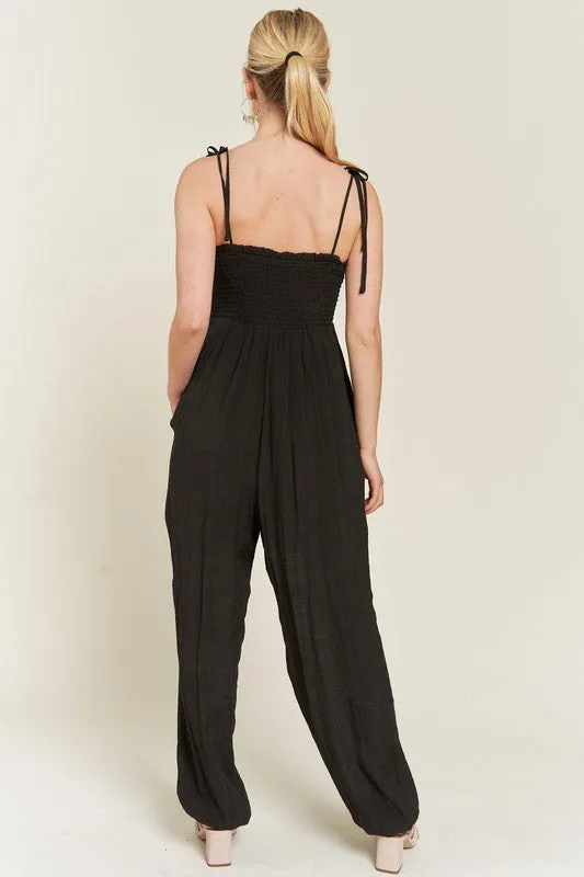 TEEK - PLUS SIZE SMOCKED TIE STRAP JUMPSUIT